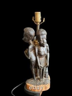 Lampe en bois sculpté à la main vintage d'art populaire tribal africain pour 3 personnes/figures 17 x 8