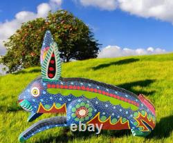 Lapin Grand Alebrije Oaxaquénen Sculpture en Bois de Copal Multicolore Art de Pedro Ramirez