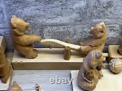 Lot de 30 ours en bois sculptés à la main vintage, jouets en mouvement de l'art populaire russe