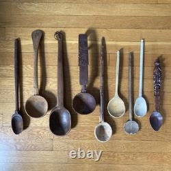 Lot de cuillères/cuillères en bois antiques et vintage - Art populaire primitif en bois sculpté naïf