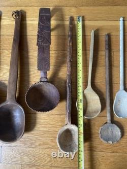 Lot de cuillères/cuillères en bois antiques et vintage - Art populaire primitif en bois sculpté naïf