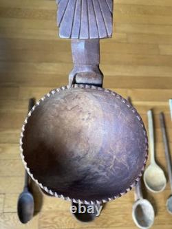 Lot de cuillères/cuillères en bois antiques et vintage - Art populaire primitif en bois sculpté naïf