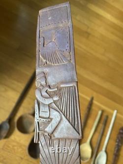 Lot de cuillères/cuillères en bois antiques et vintage - Art populaire primitif en bois sculpté naïf
