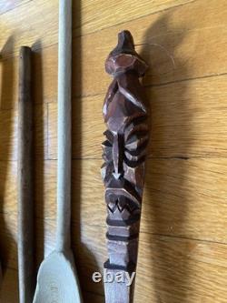 Lot de cuillères/cuillères en bois antiques et vintage - Art populaire primitif en bois sculpté naïf
