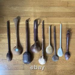 Lot de cuillères/cuillères en bois antiques et vintage - Art populaire primitif en bois sculpté naïf