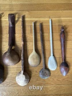 Lot de cuillères/cuillères en bois antiques et vintage - Art populaire primitif en bois sculpté naïf