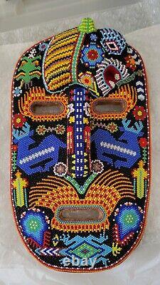 MASQUE CÉRÉMONIAL HUICHOL 7 Sculpté en Bois avec Perles Figure d'Art Populaire Mexicaine