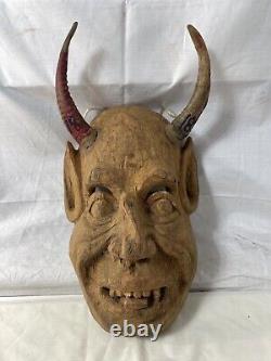 MASQUE DE DIABLE À CORNES EN BOIS PEINT MEXICAIN ART POPULAIRE CARVÉ À LA MAIN VINTAGE