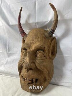 MASQUE DE DIABLE À CORNES EN BOIS PEINT MEXICAIN ART POPULAIRE CARVÉ À LA MAIN VINTAGE