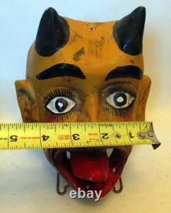 MASQUE EN BOIS SCULPTÉ DU MEXIQUE DIABLE VTG Cornes Langue Diablo Art Populaire