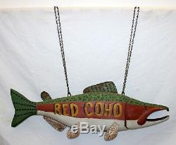 Main En Bois Sculpté Et Métal Rouge Coho Salmon Publicité Art Folk 28 Signe Fish