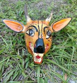 Masque De Tête De Cerf Sculpté À La Main Mexicain Sculpture En Bois Figure Folk Art Coloré