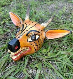 Masque De Tête De Cerf Sculpté À La Main Mexicain Sculpture En Bois Figure Folk Art Coloré