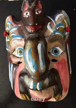Masque Guerrero Mexicain VTG avec Visage de Chauve-Souris Art Populaire Sculpté en Bois 9Hx7W