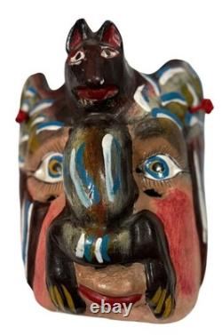Masque Guerrero Mexicain VTG avec Visage de Chauve-Souris Art Populaire Sculpté en Bois 9Hx7W