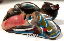 Masque Guerrero Mexicain VTG avec Visage de Chauve-Souris Art Populaire Sculpté en Bois 9Hx7W