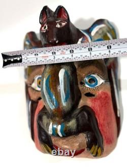 Masque Guerrero Mexicain VTG avec Visage de Chauve-Souris Art Populaire Sculpté en Bois 9Hx7W