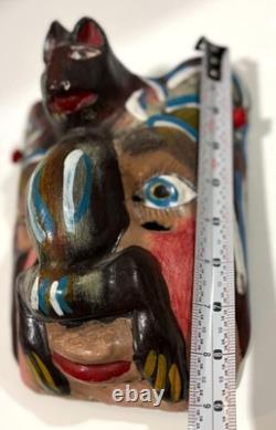 Masque Guerrero Mexicain VTG avec Visage de Chauve-Souris Art Populaire Sculpté en Bois 9Hx7W