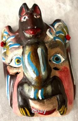 Masque Guerrero Mexicain VTG avec Visage de Chauve-Souris Art Populaire Sculpté en Bois 9Hx7W