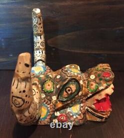 Masque Mexicain En Bois Diablo Beast Bull Folk Art Horns Old Hand-carved Halloween