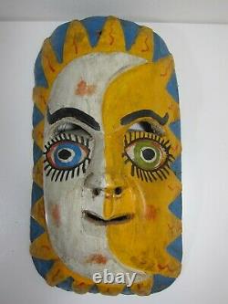 Masque Mexicain Vintage Bois Sculpté Soleil Lune Jaune Teal Folk Art