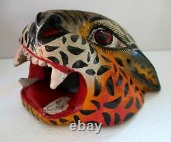 Masque Mural De Sculpture En Bois Art Populaire Mexicain Jaguar Cat Head Guerrero 9