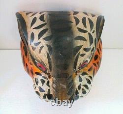 Masque Mural De Sculpture En Bois Art Populaire Mexicain Jaguar Cat Head Guerrero 9