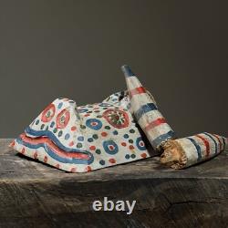 Masque de Taureau Polychrome en Bois Sculpté à la Main de Style Folk Vintage