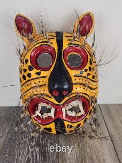 Masque de Tigre Mexicain Sculpté en Bois Peint Masque de Tigre Guerrero Art Populaire Cérémoniel