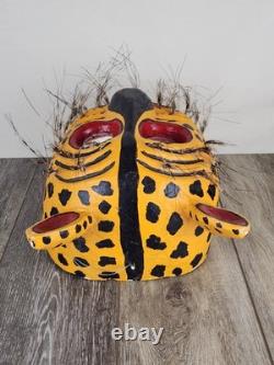 Masque de Tigre Mexicain Sculpté en Bois Peint Masque de Tigre Guerrero Art Populaire Cérémoniel