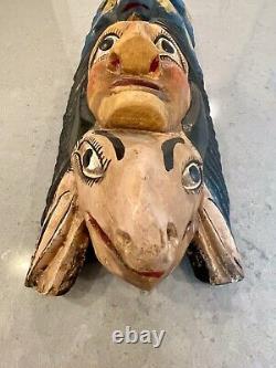 Masque de danse en bois sculpté d'homme avec deux animaux de l'art populaire mexicain Guerrero vintage 19