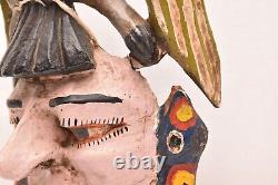 Masque de danse vintage en bois sculpté d'art populaire guerrerense mexicain Atq homme barbu avec oiseau 15