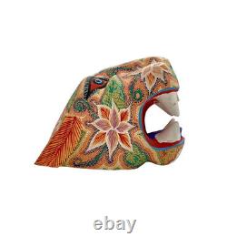 Masque de panthère Léopard sculpté à la main en bois et peint, décor d'art populaire coloré