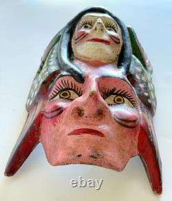 Masque double face mexicain Guerrero vintage sculpté à la main peint art populaire 10,5