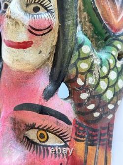 Masque double face mexicain Guerrero vintage sculpté à la main peint art populaire 10,5