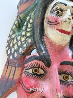 Masque double face mexicain Guerrero vintage sculpté à la main peint art populaire 10,5