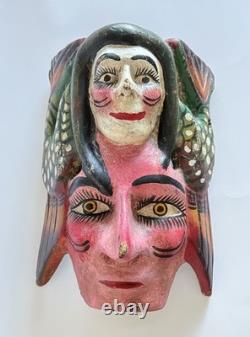 Masque double face mexicain Guerrero vintage sculpté et peint, art populaire, 10,5 pouces