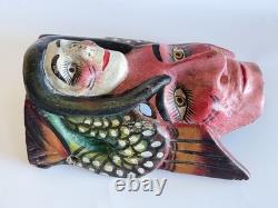 Masque double face mexicain Guerrero vintage sculpté et peint, art populaire, 10,5 pouces