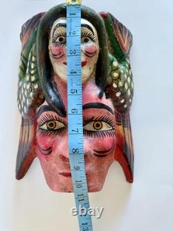 Masque double face mexicain Guerrero vintage sculpté et peint, art populaire, 10,5 pouces