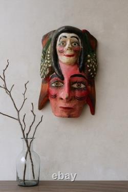 Masque double face mexicain Guerrero vintage sculpté et peint, art populaire, 10,5 pouces