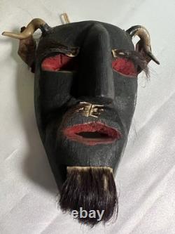 Masque du diable Diablo en bois mexicain sculpté à la main avec cornes, authentique art populaire vintage