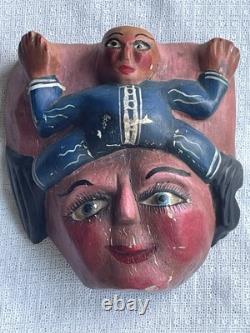 Masque en bois sculpté à la main, art populaire vintage d'Amérique latine, peint à la main, 10 x 9
