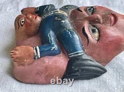 Masque en bois sculpté à la main, art populaire vintage d'Amérique latine, peint à la main, 10 x 9