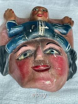 Masque en bois sculpté à la main, art populaire vintage d'Amérique latine, peint à la main, 10 x 9