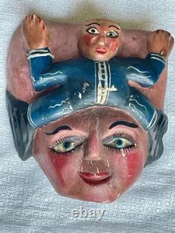 Masque en bois sculpté à la main, art populaire vintage d'Amérique latine, peint à la main, 10 x 9