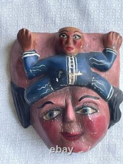 Masque en bois sculpté à la main, art populaire vintage d'Amérique latine, peint à la main, 10 x 9