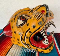 Mexicain Folk Art Sculpté Bois Jaguar Leopard Cat Tête Lion Visage Masque Guerrero 9