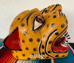 Mexicain Folk Art Sculpté Bois Jaguar Leopard Cat Tête Lion Visage Masque Guerrero 9
