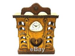 Milieu Du Siècle Folk / Tramp Art Bois Sculpté Mantle Horloge Howard Finster Type De