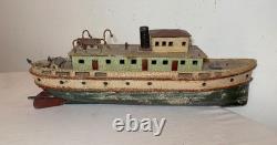Modèle de bateau remorqueur en bois sculpté à la main, art populaire antique rare